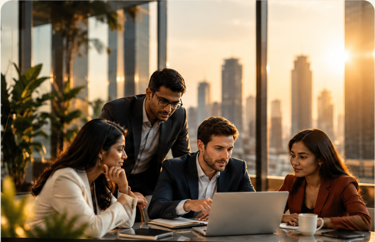 Four professionals collaborating around a laptop in a sunlit modern office